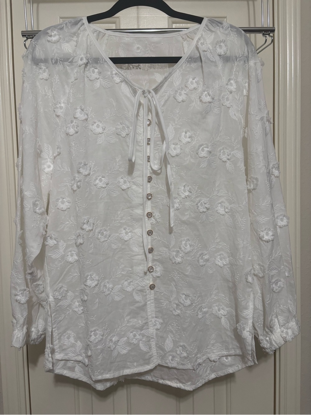 Commense White Floral Embroidered Tie-Front Blouse